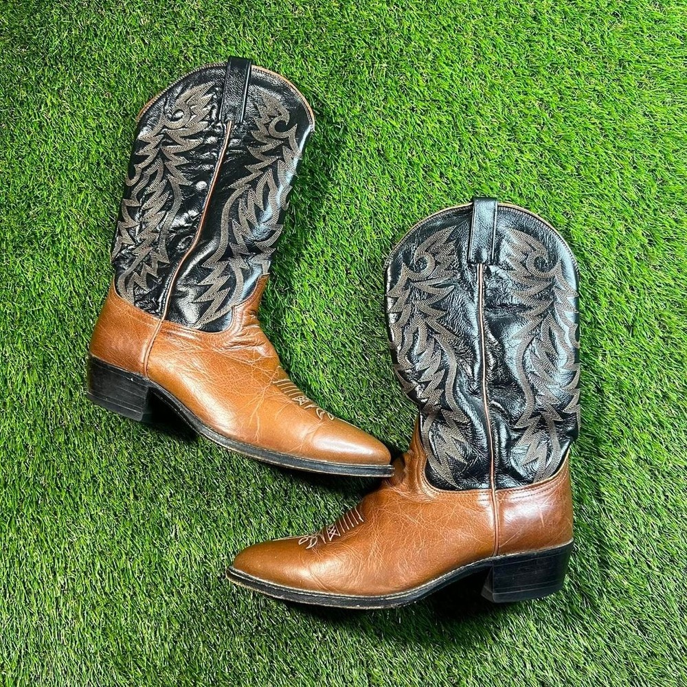Vintage Dan Post Cowboy Boots Brown Black Pointed Toe Leather USA 11 EW